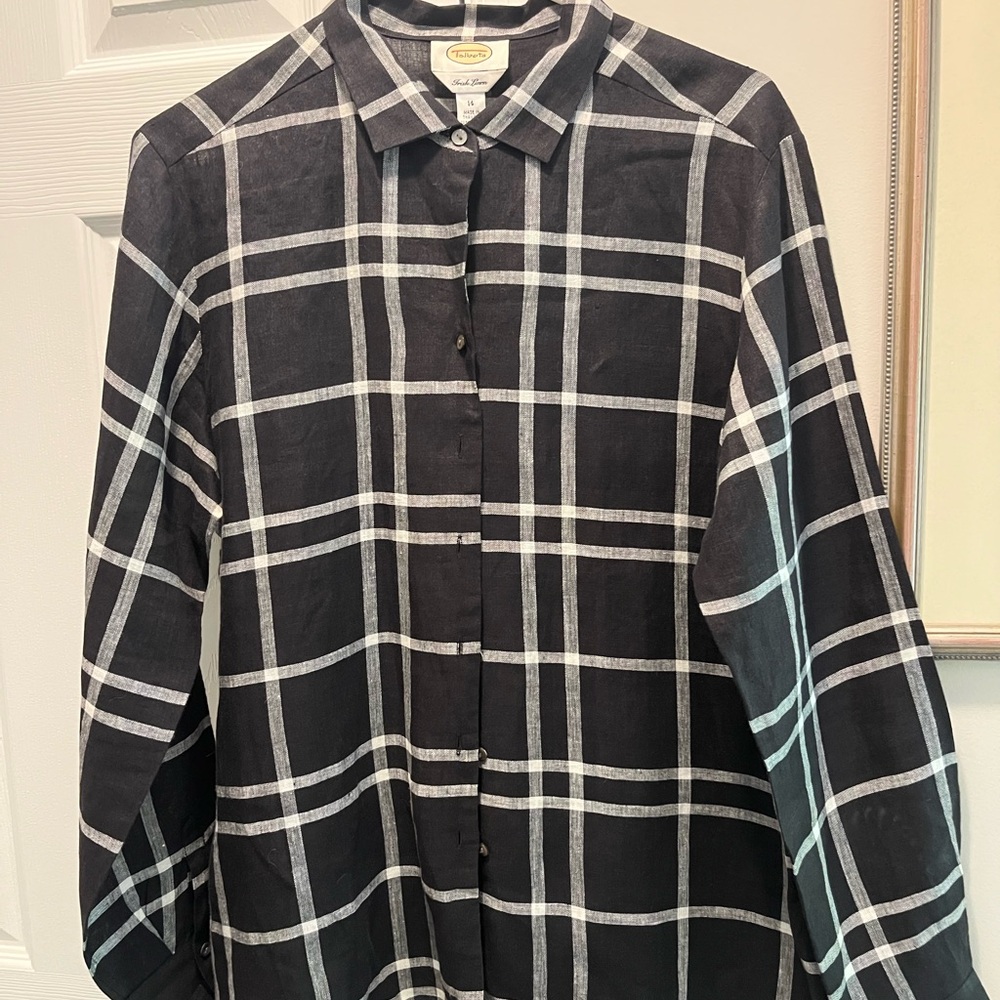 Talbots Black and White 100% Linen Button Down Shirt
